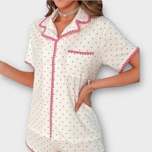 Pajama Top Short Sleeve Button Front with Hearts Women’s Size M